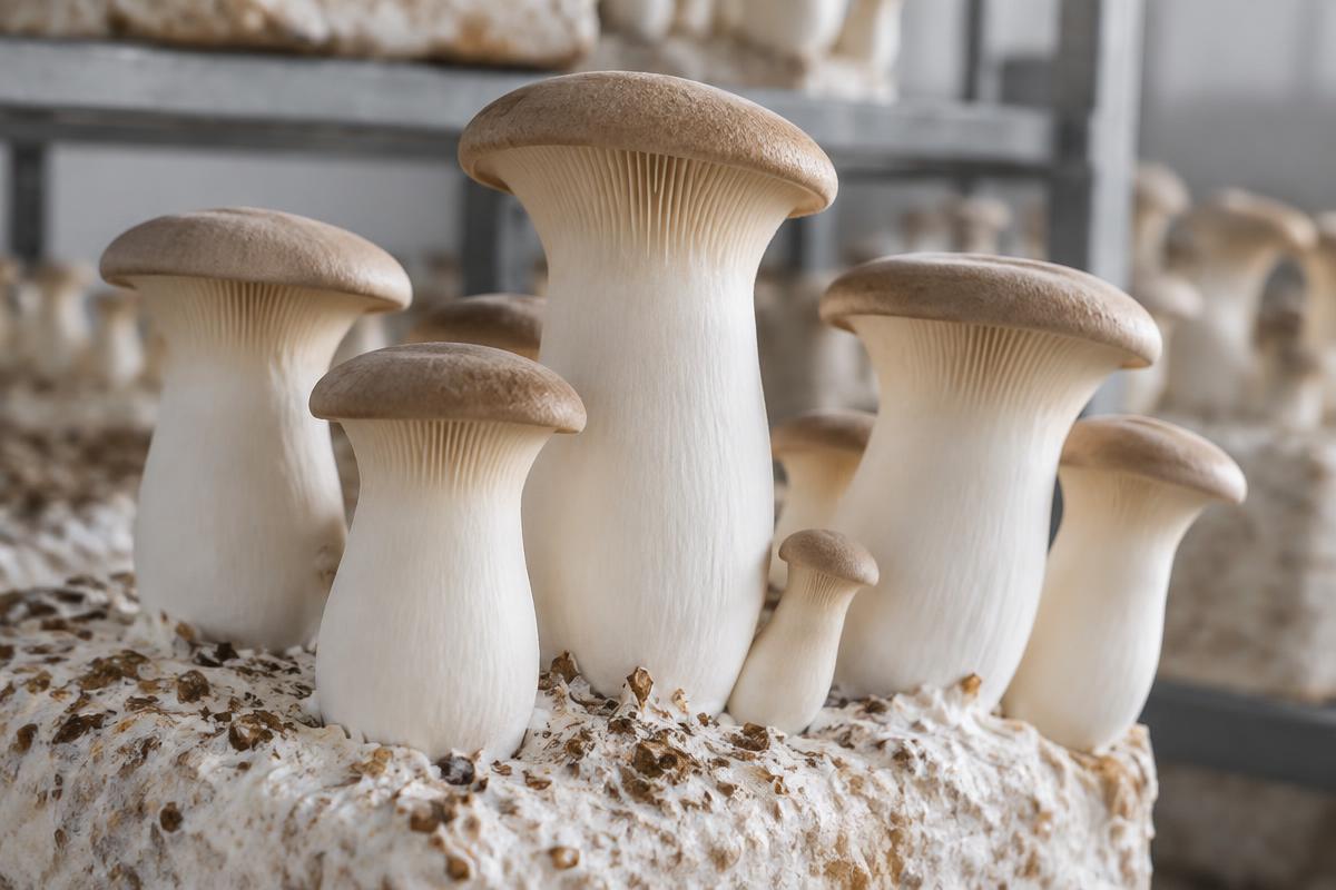 Cultivated king oyster mushrooms with thick white stems and tan caps growing from a substrate block