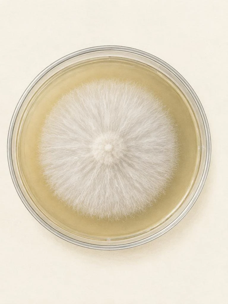 Clean agar plate with a circular white mycelial colony