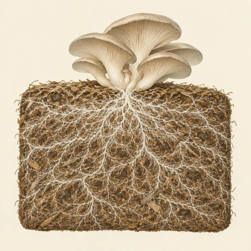 Cutaway illustration of pearl oyster mushrooms above brown substrate threaded throughout by branching white mycelium