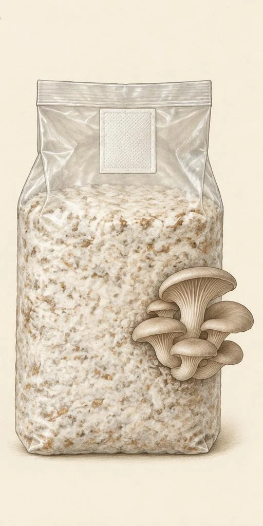 Fully colonised bulk substrate in a filter-patch bag with a pearl oyster cluster emerging