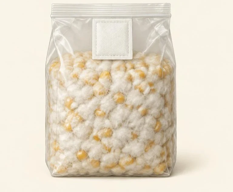 Filter-patch bag of grain covered by healthy white mycelium