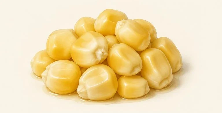 Swollen hydrated unpopped corn kernels with no standing water