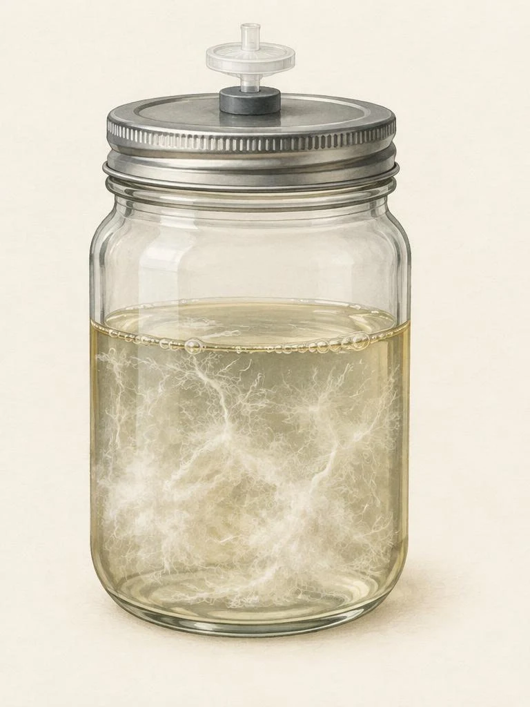 Glass jar of pale nutrient liquid with floating white mycelium