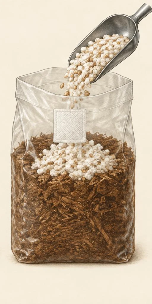 White colonised grain spawn being added to brown substrate