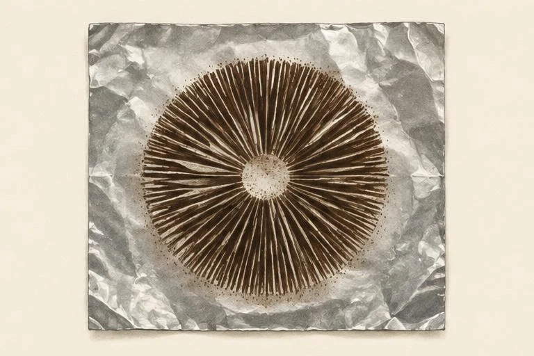 Radial dark spore print on clean silver foil