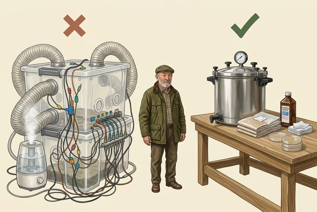 Uncle Spore between an overcomplicated fruiting chamber tangled with ducts and sensors, marked with a cross, and a tidy steriliser, grow bags, cleaning supplies and agar setup, marked with a tick