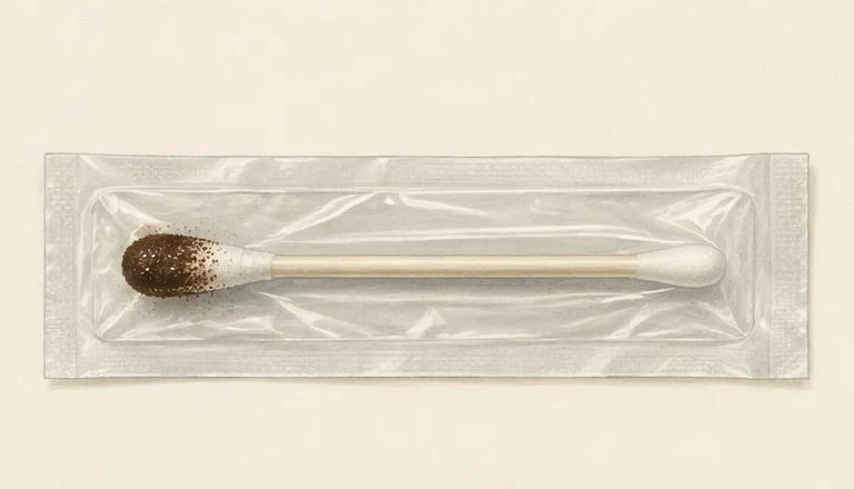 Cotton-tipped swab bearing spores in a protective sleeve