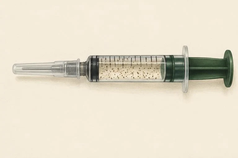 Capped syringe containing water and dark spore specks