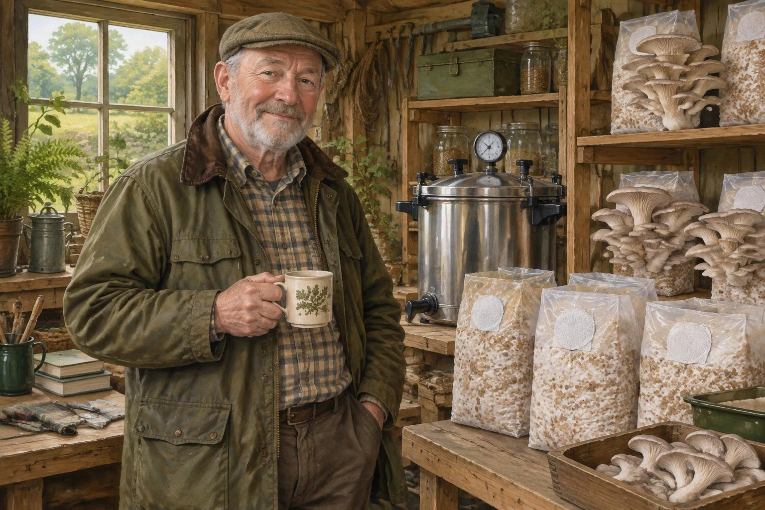 Illustrated Uncle Spore, a grey-bearded grower in a tweed cap and wax jacket, holding a mug in his tidy shed beside filter-patch grow bags, a pressure steriliser and pearl oyster mushrooms